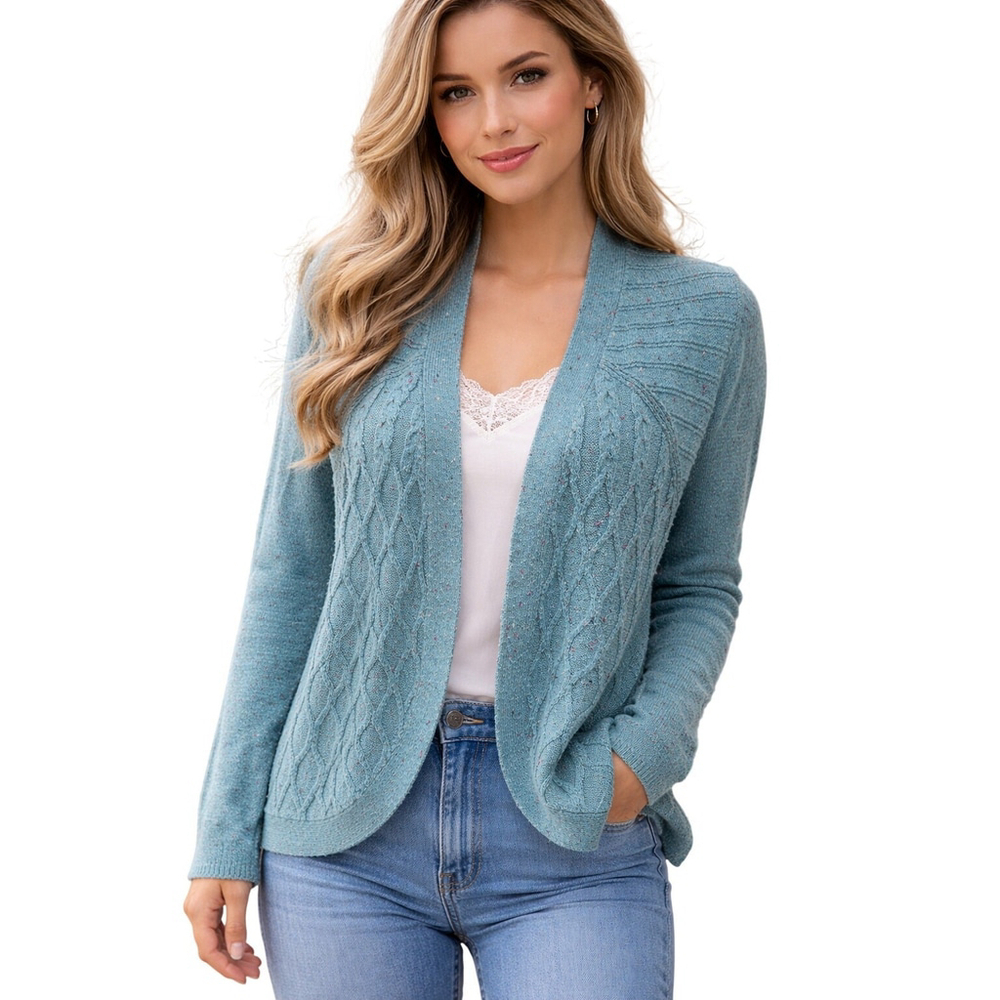 Talbots teal colorful spotted knit angle open cardigan tunic sweater sz P PETITE